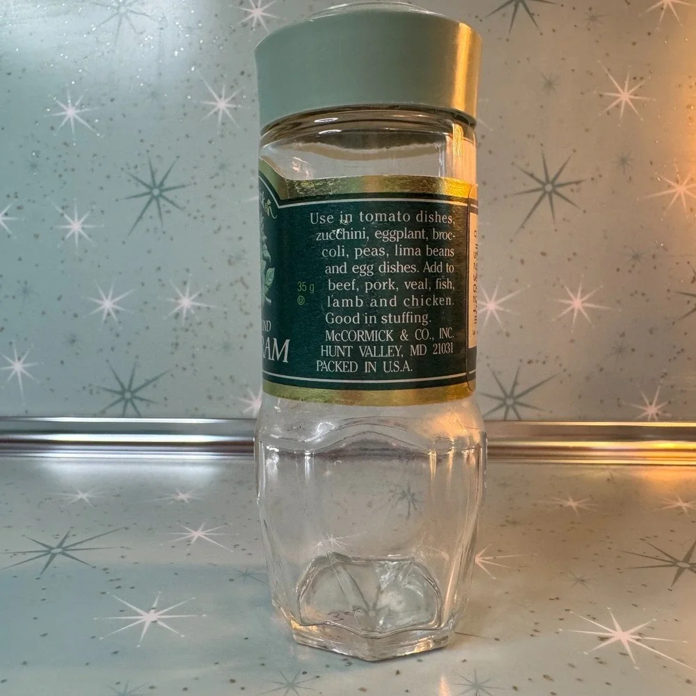 Vintage McCormick Marjoram Jar Green Label Lid Glass Spice Bottle Retro Kitchen